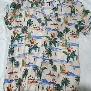 Men's Tropical Christmas Hawaiian Shirt Santa Surfing Size L